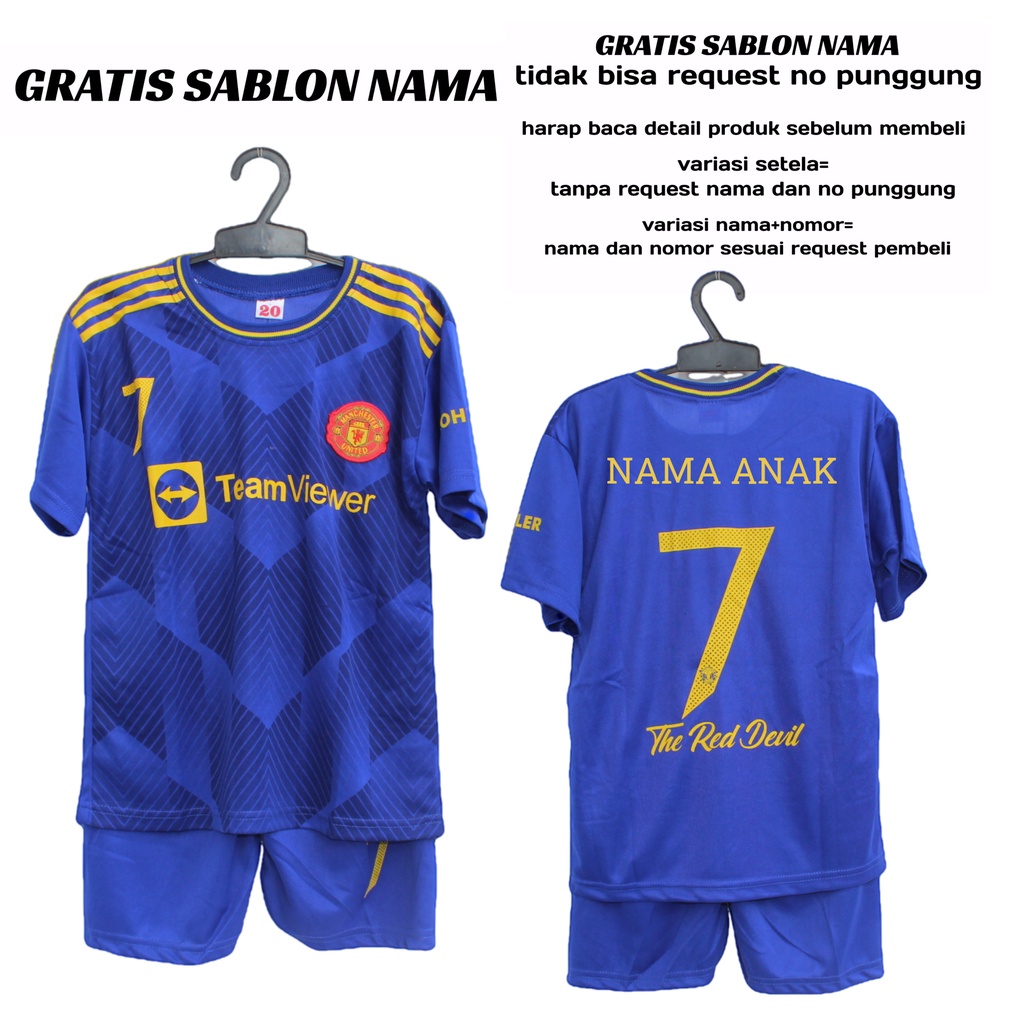 setelan baju bola anak mu/baju kaos bola mu biru size 5-12thn