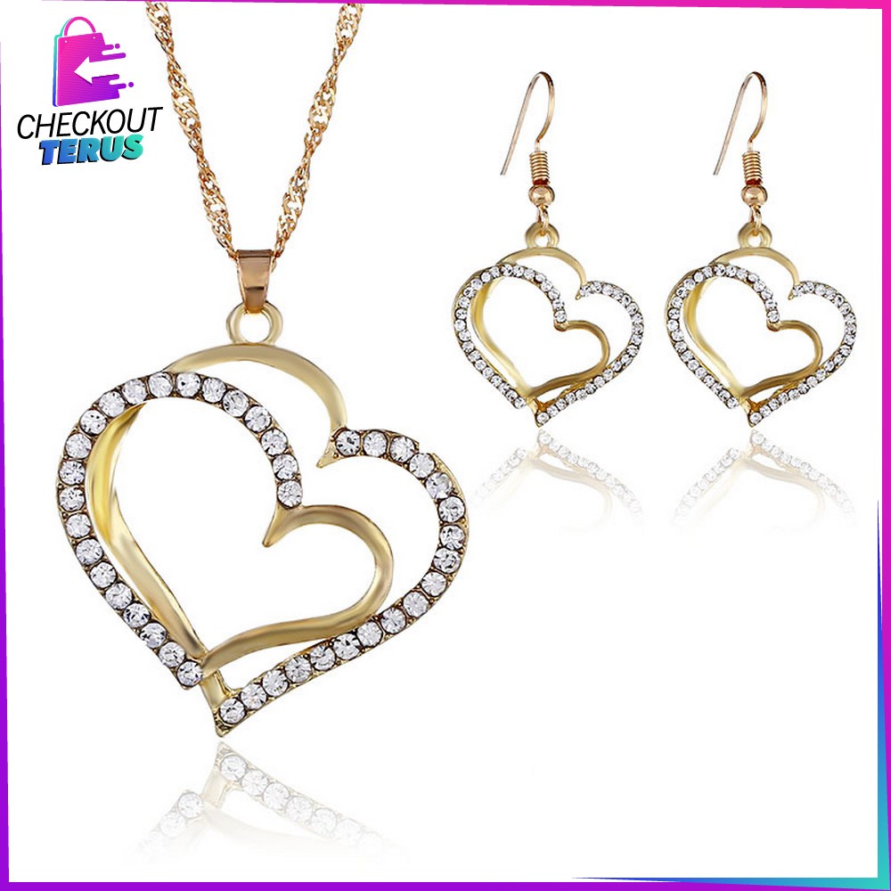 CT K120 Kalung Anting Set Motif Hati Kalung Rantai Anti Karat Aksesoris Fashion Wanita Korea Kalung Rantai