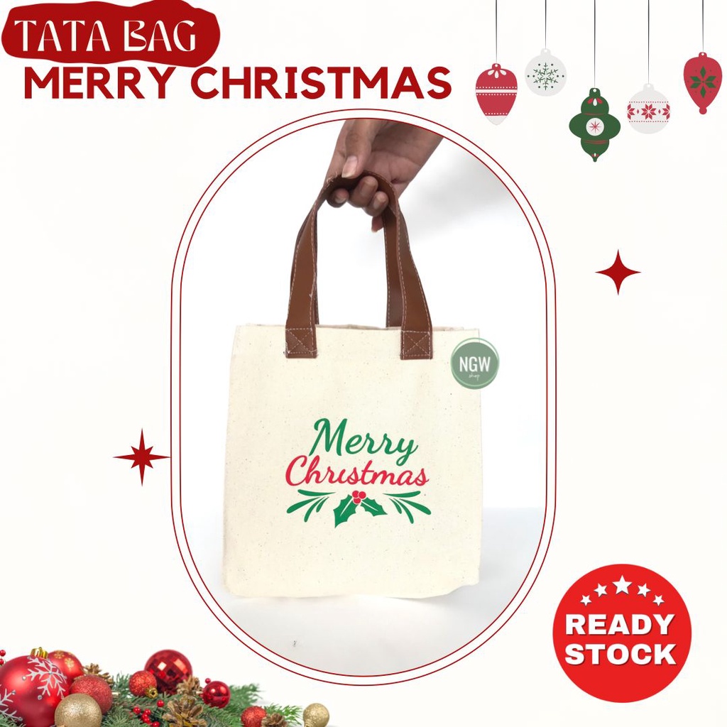 TATA BAG CANVAS HANDLE KULIT LEATHER 20X10X20 SABLON MERRY CHRISTMAS GODDIE BAG