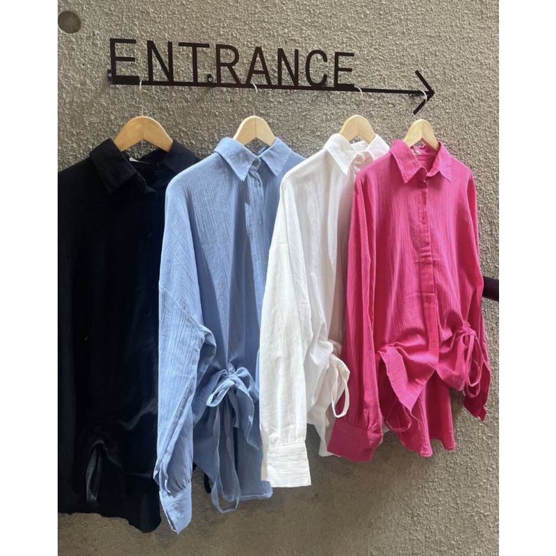 Oversize Kemeja Wanita Lengan Panjang Olivia Shirt Linen Pocket Serut tali Samping