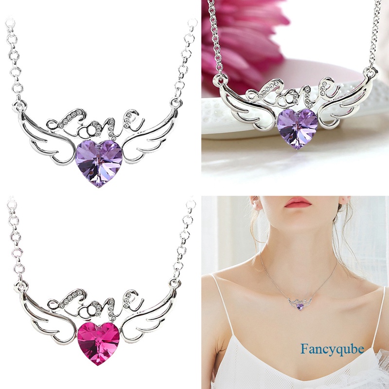 Kalung Liontin Sayap Malaikat Tulisan Love Aksen Kristal Amethyst Untuk Wanita