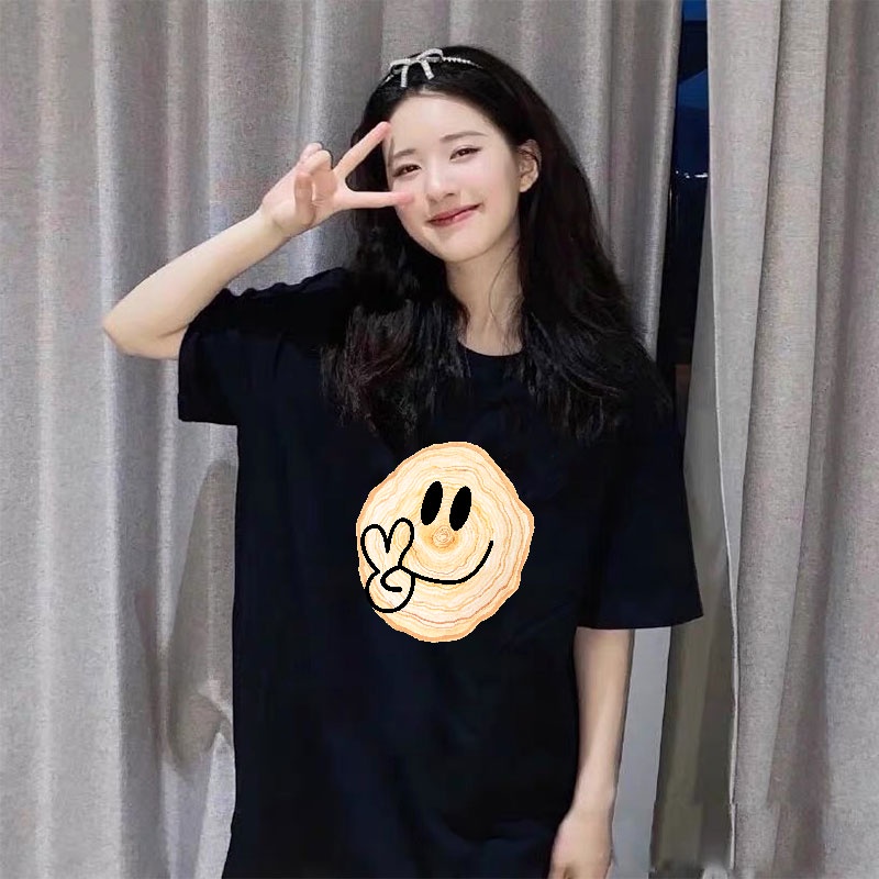 XIAOZHAINV Kaos Atasan Wanita Smiley Face Pattern Pattern Lengan Pendek A0188