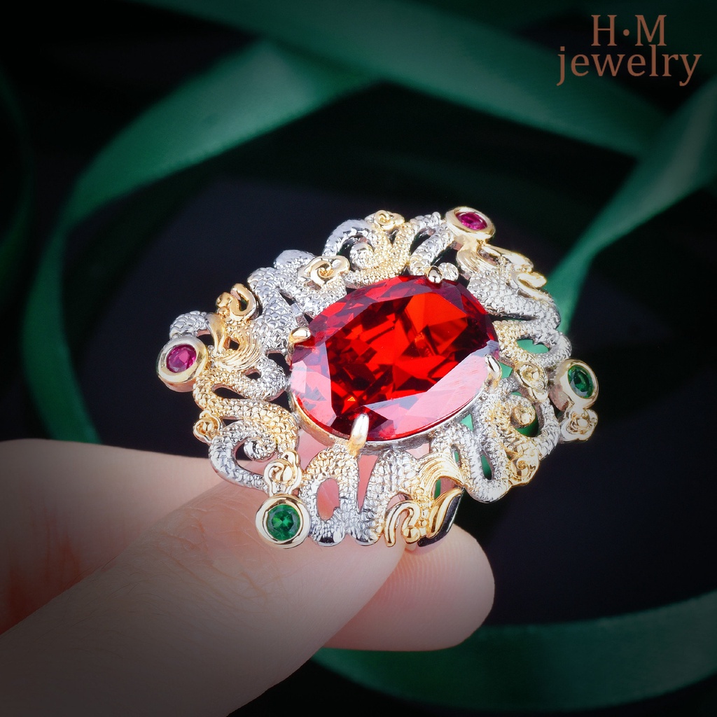 Cincin Model Terbuka Desain Ukiran Naga Merpati Merah Darah Warna Emas Gaya Vintage