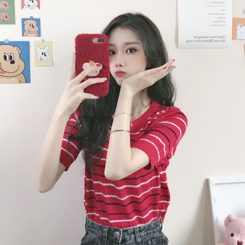 HUES.ID Baju Rajut Wanita model Kaos Import Lengan Pendek 4049