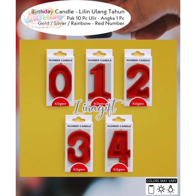 ( Pak / Ecer ) BIRTHDAY CANDLE - LILIN ULANG TAHUN 10 PC ULIR SILVER GOLD RAINBOW / ANGKA MERAH RED 0123456789