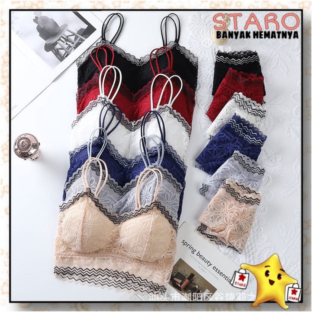 STARO 1 SET Bra dan Celana Korea Fashion Zig Zag Pakaian Dalam Wanita Bh Tanpa Kawat Renda Bra Sexy 