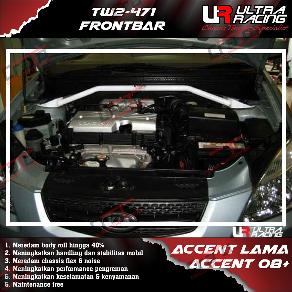Aksesoris Stabiliser ULTRA RACING Safety Bar - Frontbar Front Strutbar 2 Points - Hyundai accent Lam