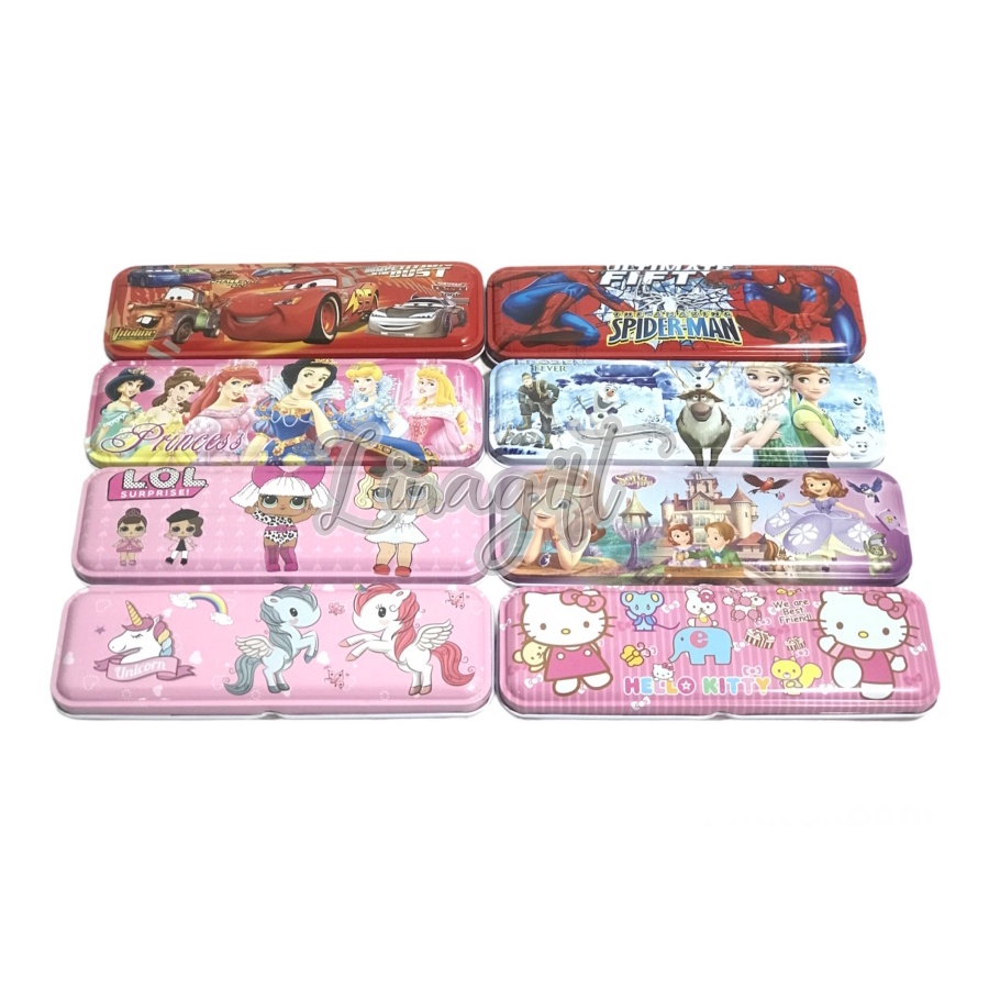 TEMPAT PENSIL KOTAK PENSIL KALENG PENCIL CASE 2 TINGKAT DINO MICKEY MINNIE PRINCESS SPIDERMAN FROZEN AVENGERS ANIMAL BARE BEARS BT2I BLUE PINK GREEN PURPLE