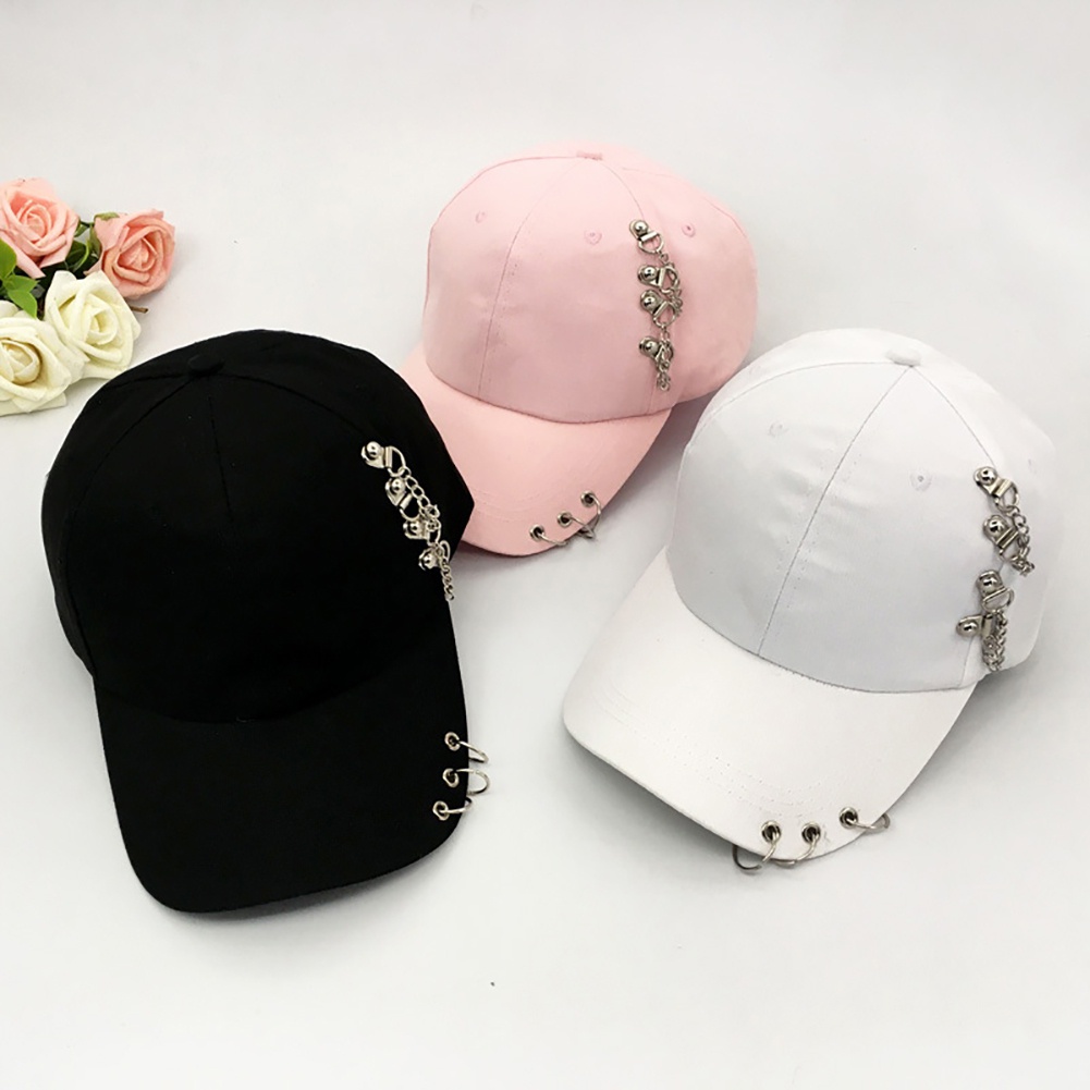 Topi Baseball Anti UV Aksen Ring Metal Gaya Hip Hop Untuk Wanita