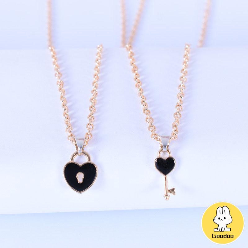 2 Pcs Fashion Wanita Trendi Kunci Liontin Link Rantai Kalung Hati Pasangan Pecinta Kalung -Doo