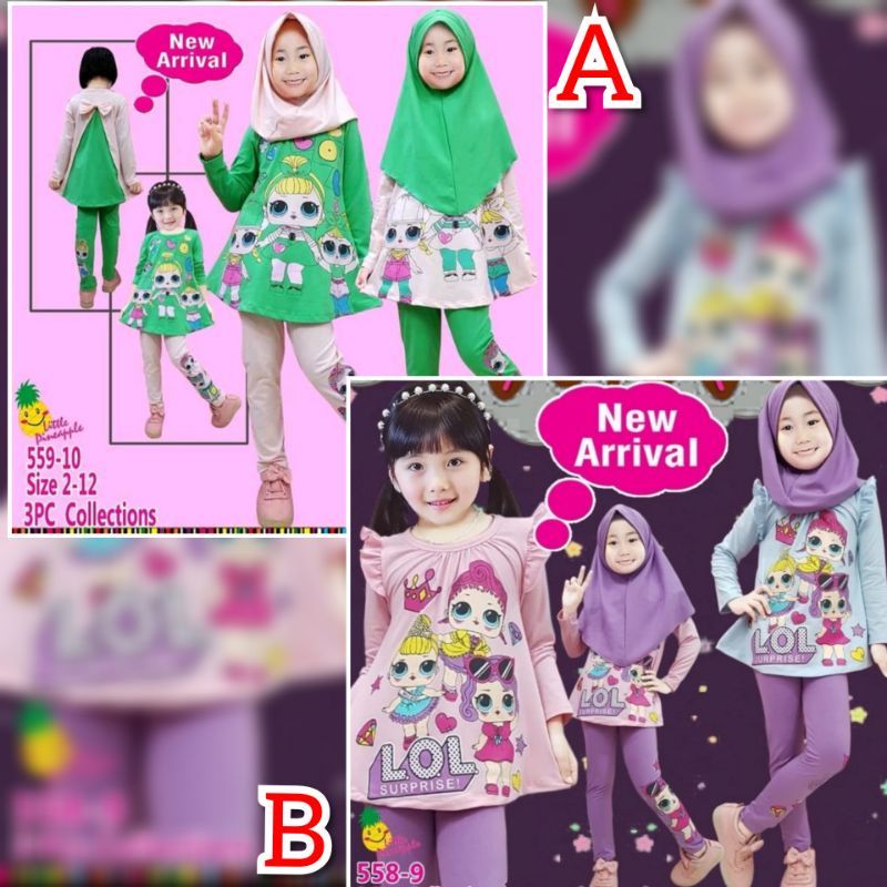 3-8th 558 559 Little Pineapple Baju Pakaian Set Setelan Hijab Setelan Muslim Anak Perempuan LOL