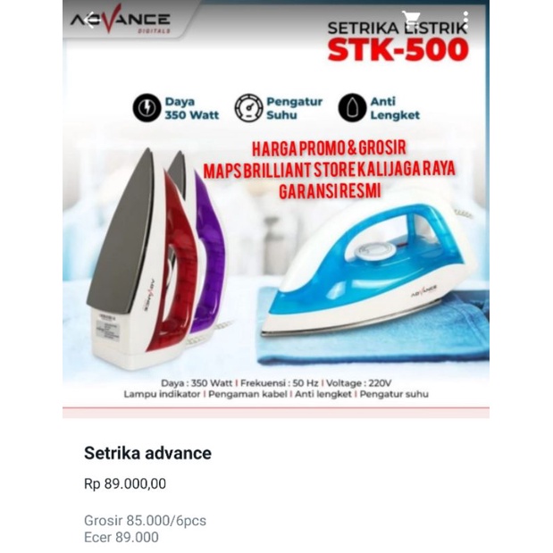 SETRIKA ADVANCE STK500 GARANSI RESMI/MAP BRILLIANT STORE KALIJAGA RAYA