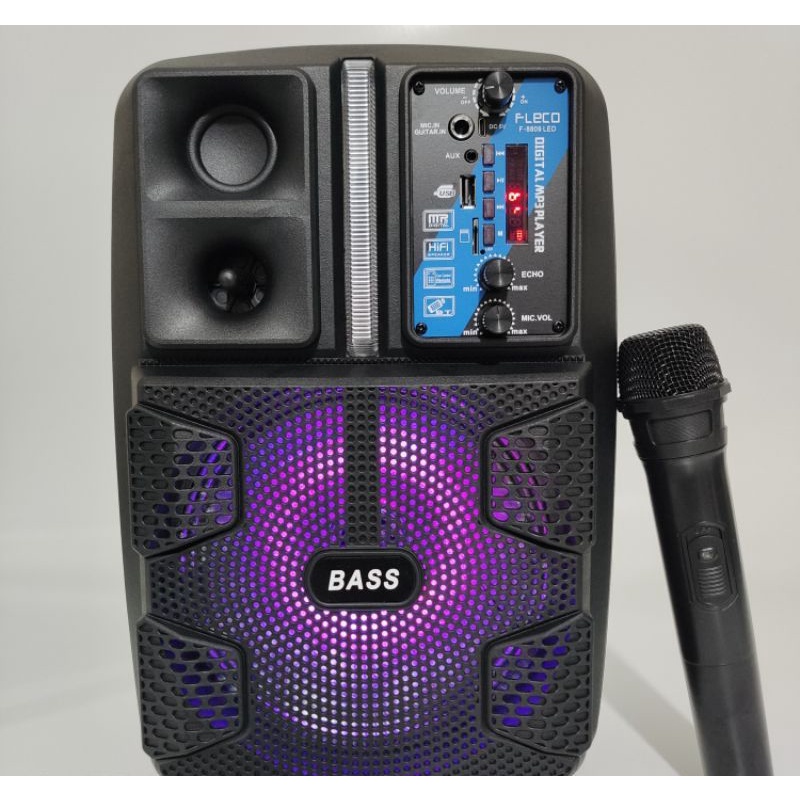 Speaker Bluetooth FLECO X-BASS F-8809LED 8,5 Inchi Free Tripod Dan Microphone Wireless Karaoke Remot Control Salon Aktif Portable Radio Fm