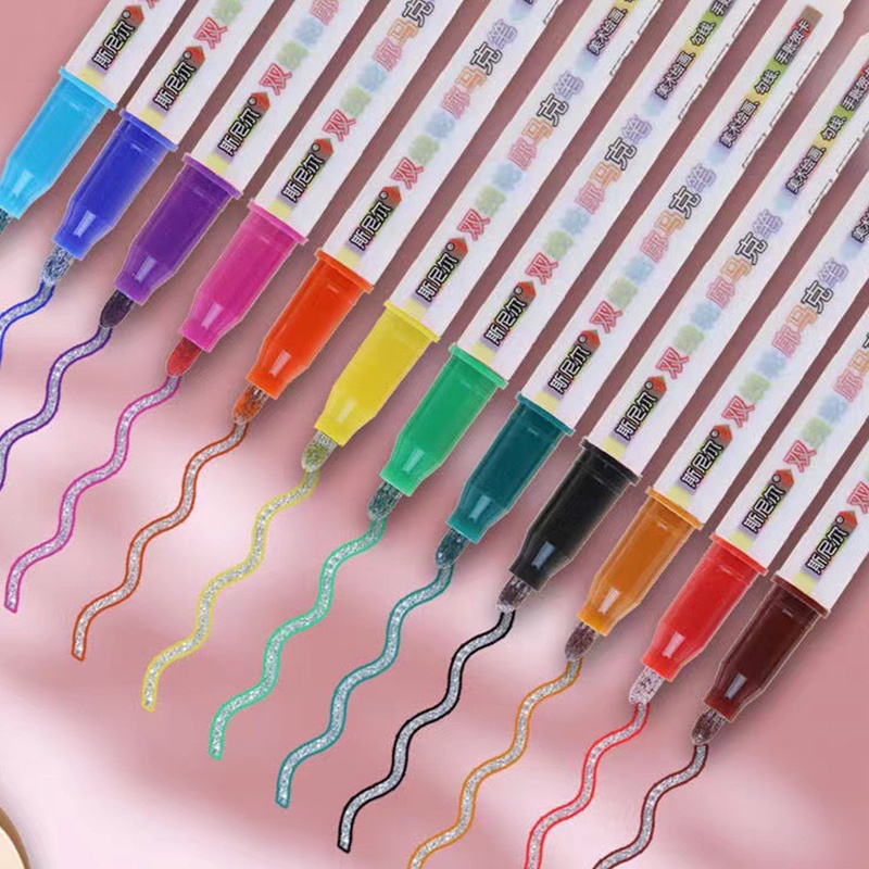 8 / 12 Warna Pena Highlighter Kontur Garis Ganda Glitter Warna-Warni Untuk Siswa