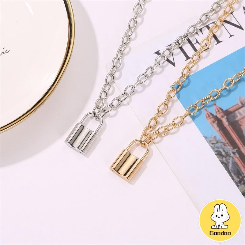 Kalung Rantai Emas Liontin Gembok Rantai Stainless Steel Warna Silver Gaya Boho Untuk Wanita -Doo