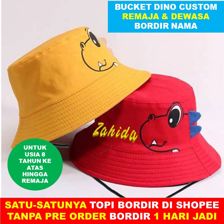 Topi Bucket Dino Custom Bordir Nama Dinosaurus Usia 8 Tahun ke atas