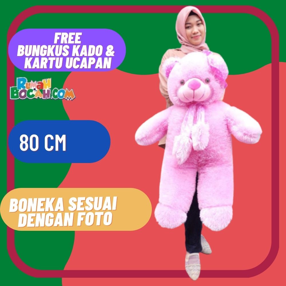 Boneka Beruang 80 cm Teddy Bear Beruang Jumbo Besar Syal Topi Pink XL untuk Kado Ulang Tahun Kado Ul