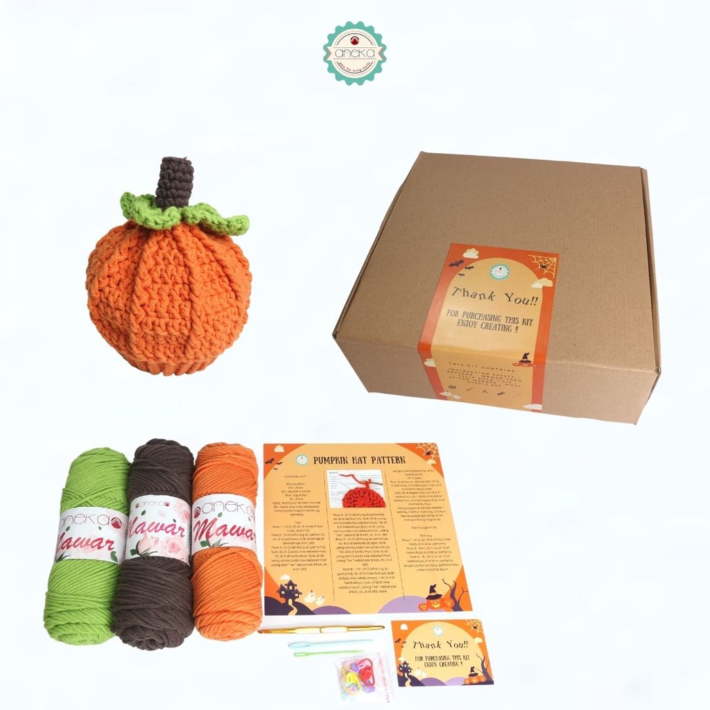 DIY Pumpkin Hat Starter KIT Paket Merajut Pemula Lengkap Benang Rajut Mawar / Hampers DIY Topi Rajut Halloween