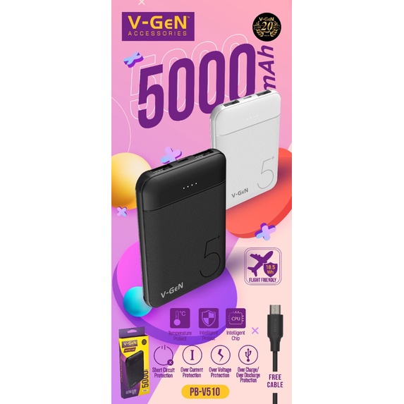 Powerbank V-GeN Rescue V510 5000 mAh 2 Port USB Output Slim Design ORIGINAL
