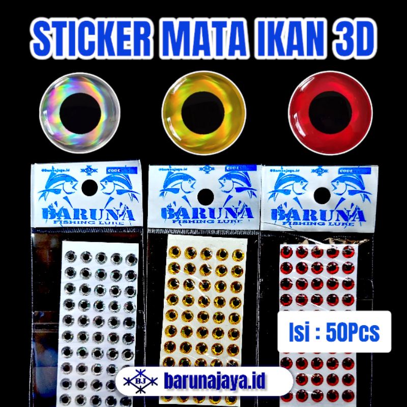 BARUNA - 50Pcs Sticker Mata Ikan 3D Merah Silver Gold