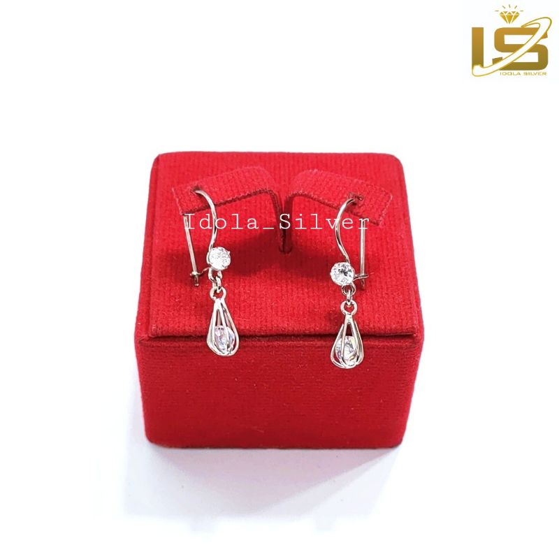 ANTING ANAK/DEWASA PERAK ASLI SILVER 925 LAPIS EMAS PUTIH MODEL OVAL PERMATA SANGKAR - PERHIASAN PERAK WANITA