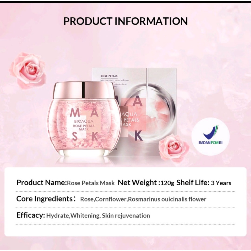Bioaqua Rose Petal mask kecantikan wajah Menghidrasi dan memutihkan Anti-radang masker BPOM