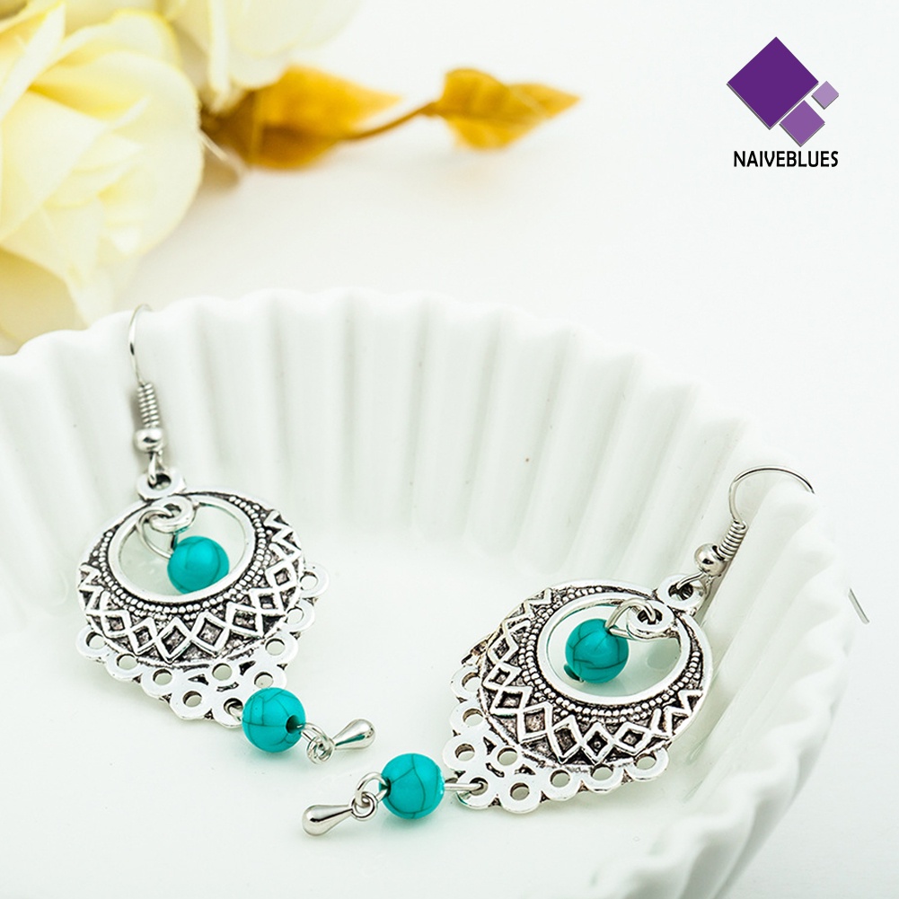 Anting Kait Gantung Wanita Desain Hollow Hias Manik-Manik Turquoise Gaya Boho Untuk Pernikahan