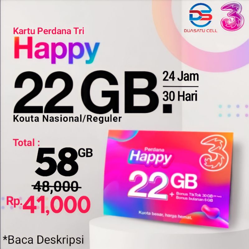 Jual Kartu Perdana internet Tri Happy 52Gb / 22Gb /  12GB / 6GB / Bonus Kouta Tiktok | Shopee
