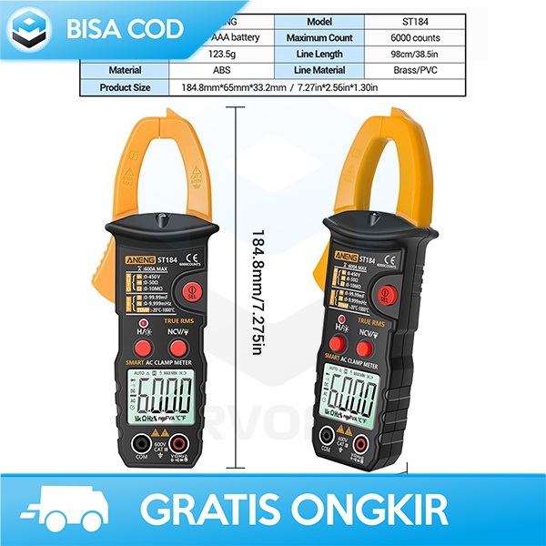 MULTITESTER CLAMP METER TANG AMPERE ANENG TEMPERATURE PROB HEMAT ST184