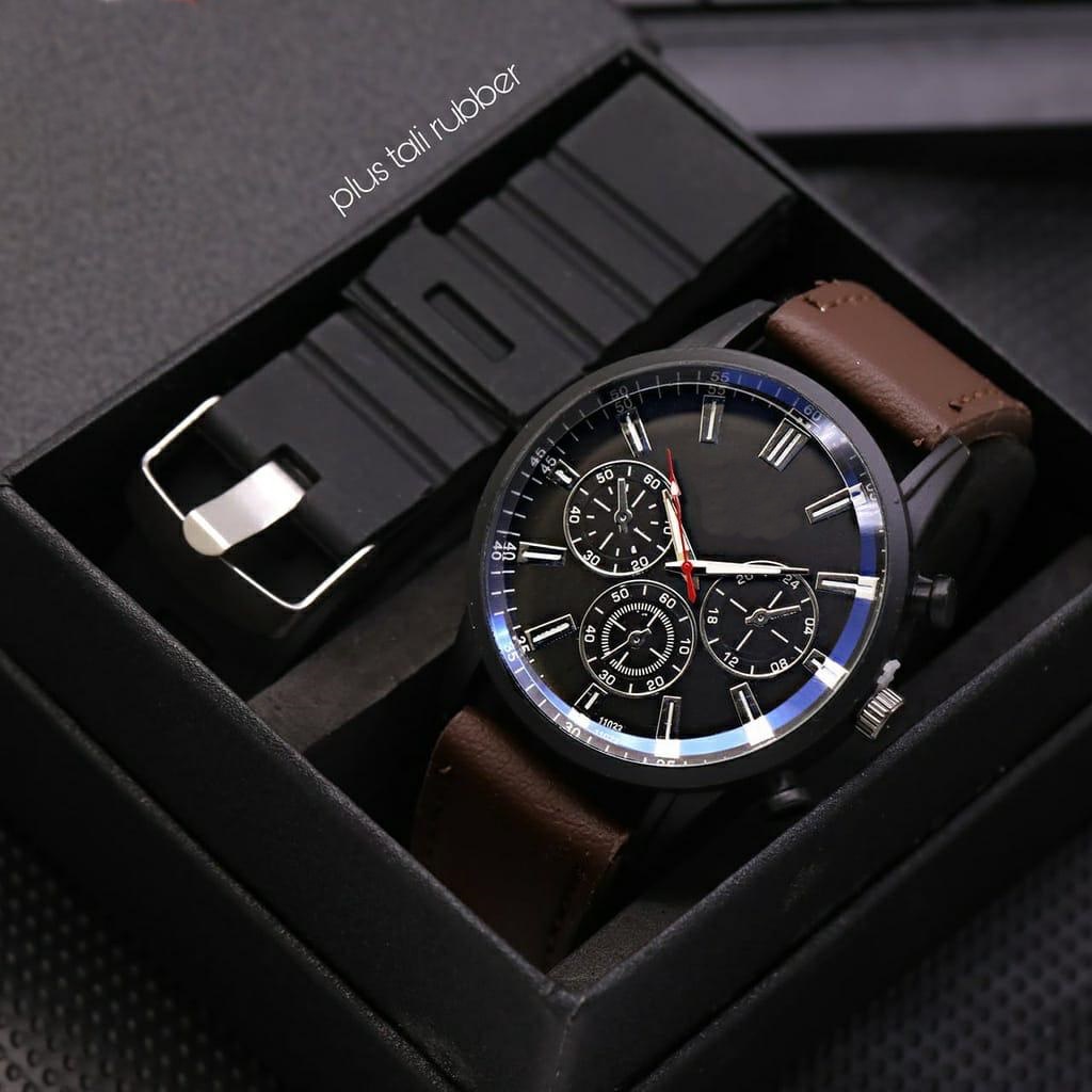 [DGS] Best Seller! Jam Tangan Swis Made Pria / Cowok Kulit Fashion 7878Ls Chrono Variasi Free 1 Tali Rubber &amp; Box - COD