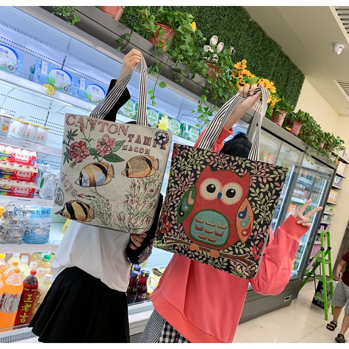 Tas Retro Portabel Tas Kanvas Premium Tebal, Besar Bordir Belanja Fashion Motif Bunga Matahari Kupu 