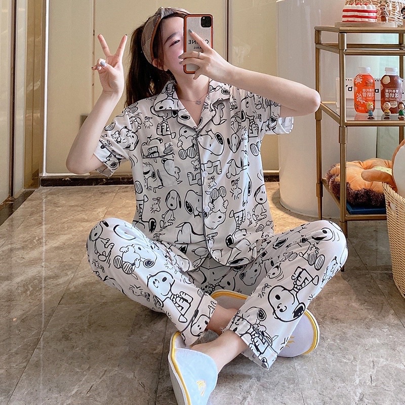 BAJU TIDUR PIYAMA SNOOPY PUTIH SET KEMEJA CP LENGAN PENDEK CELANA PANJANG IMPORT PREMIUM