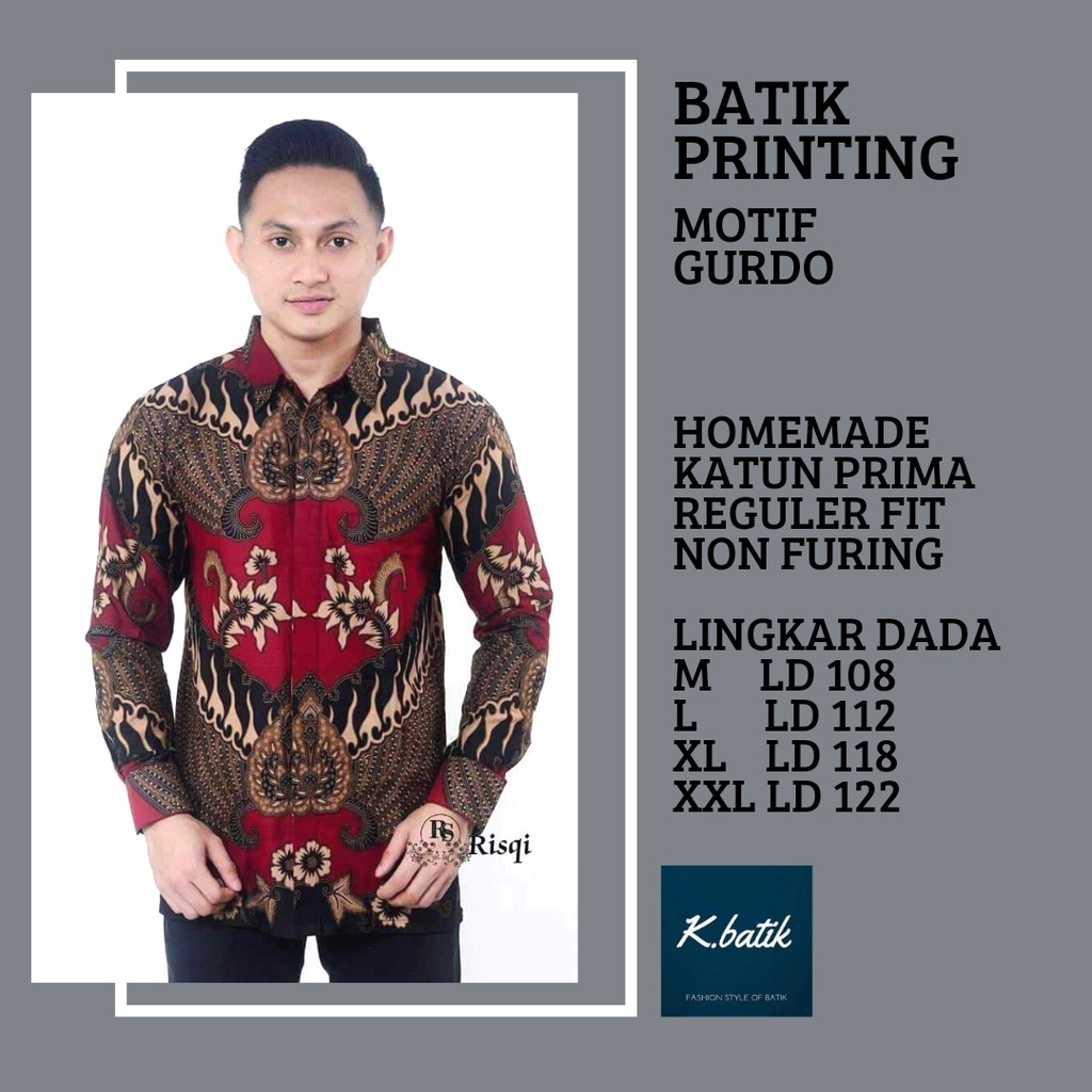 KEMEJA BATIK PRIA LENGAN PANJANG MOTIF GURDO MERAH BATIK MODERN BATIK SERAGAMAN KANTORAN BATIK PEKALONGAN BATIK KATUN