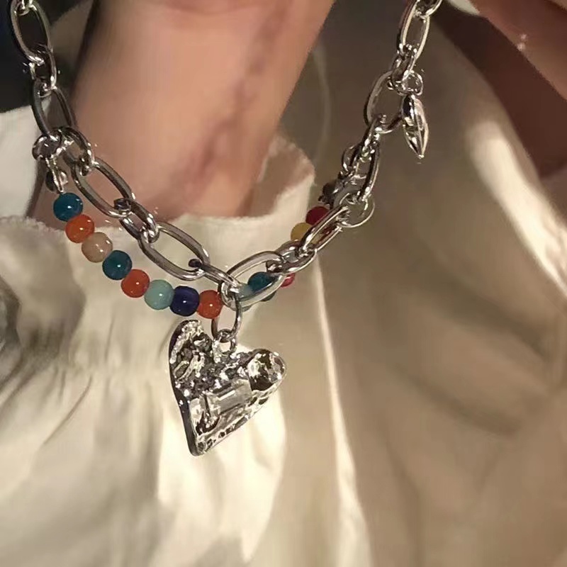 IFYOU Kalung Rantai Choker Liontin Manik-Manik Hati Warna-Warni Gaya Vintage Korea Untuk Wanita