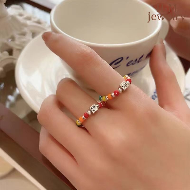 Cincin Manik-Manik Motif Smiley Face Warna Pelangi Untuk Wanita 2022