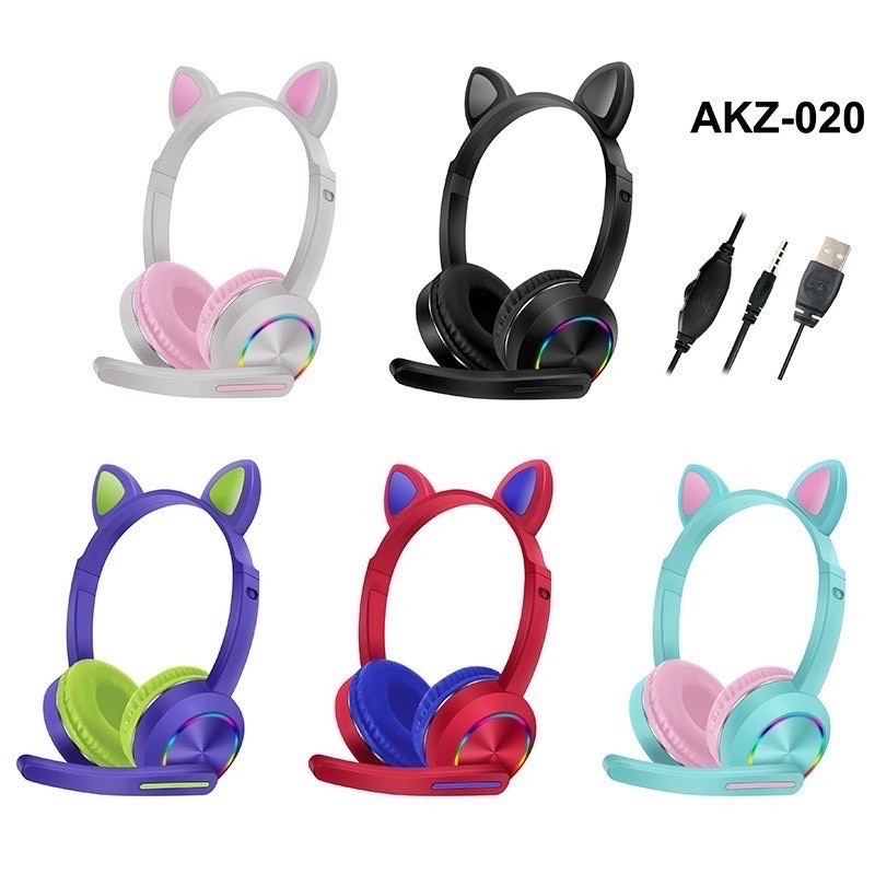 Handsfree Headset Bando kucing Akz-020 Gaming Led With Mic PROMO SEN-AB