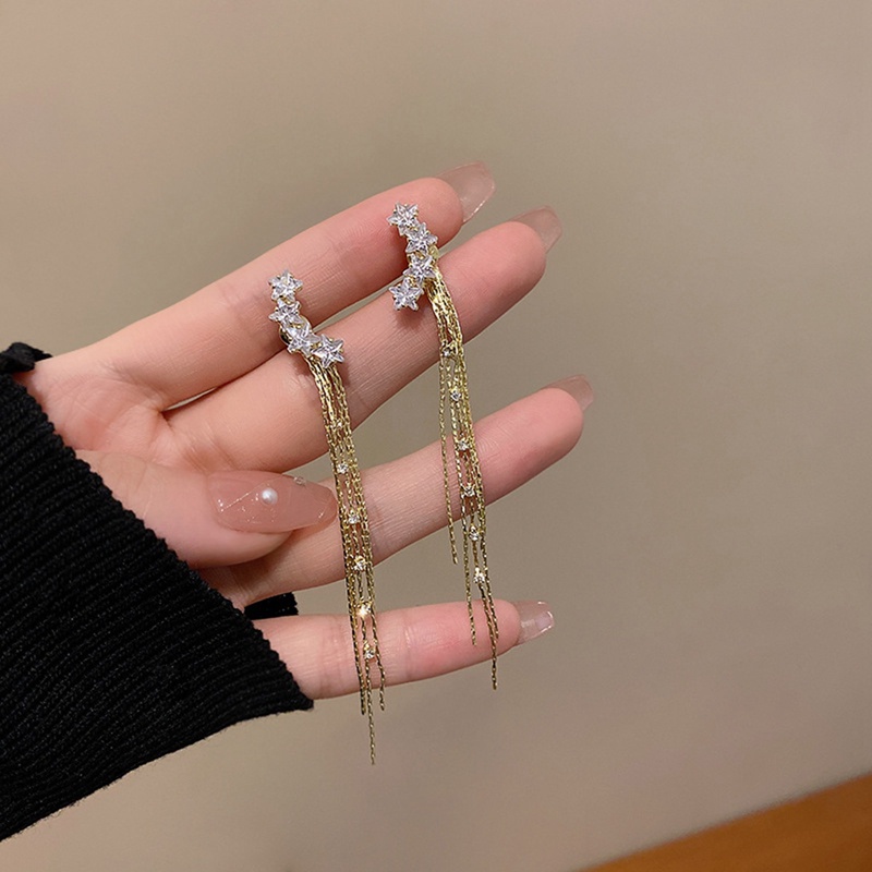 Anting Tusuk Gantung Panjang Desain Bintang Hias Kristal Gaya Klasik Untuk Wanita