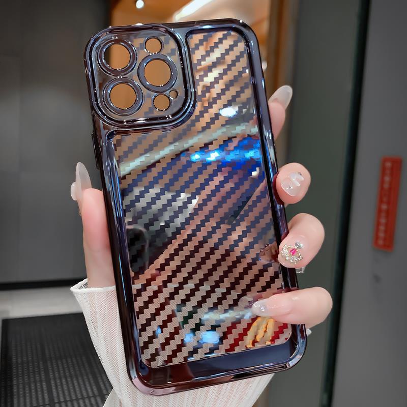 Soft Case Bahan Karbon Fiber Transparan Electroplated Untuk iPhone 14 13 11 12 Pro MAX X XS MAX XR 7 8 Plus