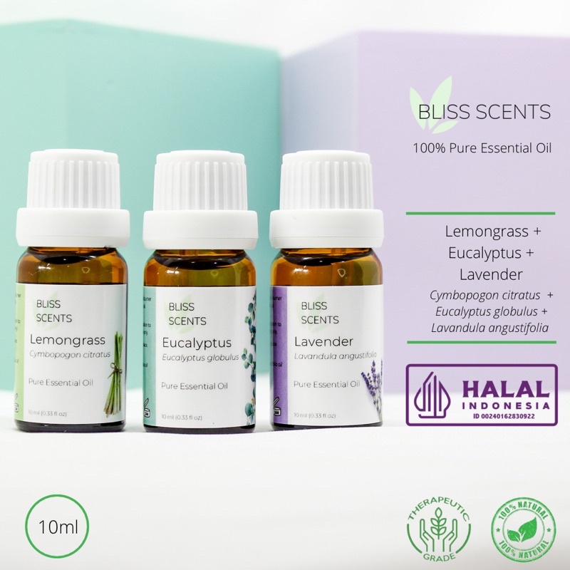 BLISS SCENTS Paket Lavender + Eucalyptus + Lemongrass Essential Oil Aromaterapi 100% Murni Therapeutic Grade Aromatherapy