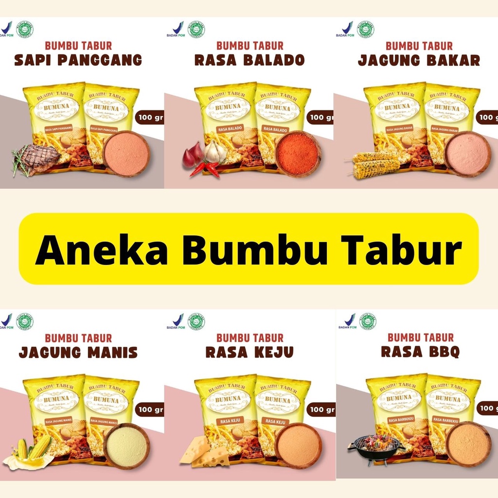 Varian Bumbu Tabur 100 Gram Bumuna / Bubuk Tabur Aneka Rasa BBQ,Balado,Ayam bawang, Pedas Manis, Keju / bumbunabumbutabur