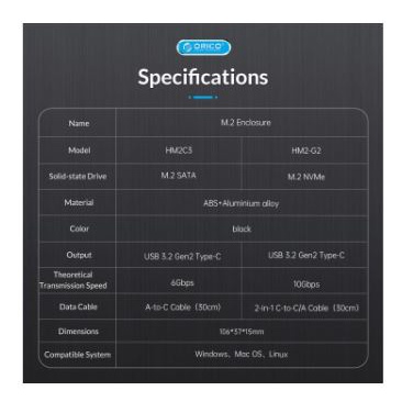 Ssd m2 enclosure orico Ngff sata usb3.1 type-c 6Gbps 2280 hm2c3 - casing m.2 b-key external hm2-c3
