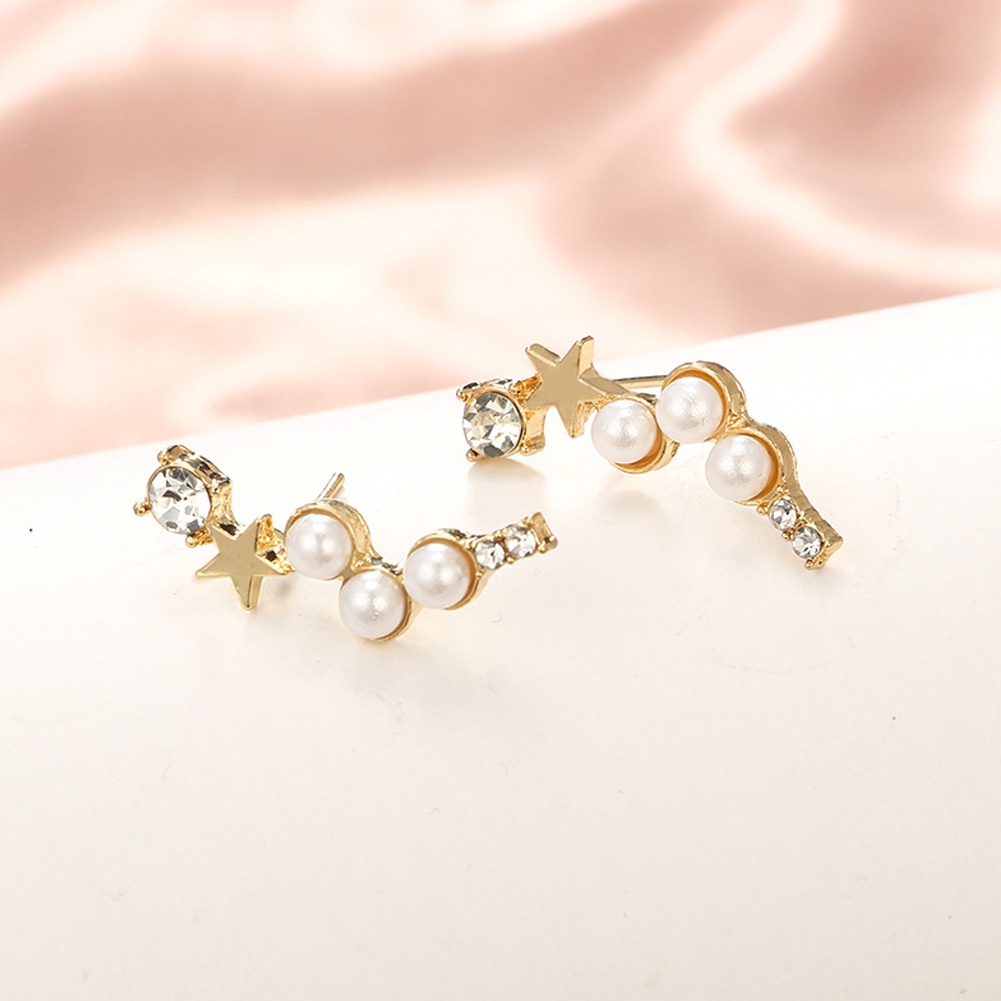 Anting Stud Desain Bintang Aksen Mutiara Berlian Imitasi Untuk Wanita