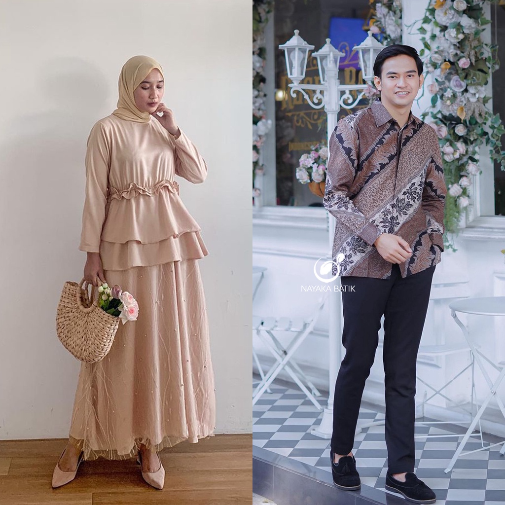 Nayaka Batik - Gamis Couple Ghania Dress Kondangan Baju Couple Pasangan Brukat Kondangan / Dress Brukat Pesta Modern / Dress Bridesmaid Kekinian / Batik Couple Maxi Tulle Tille Mutiara