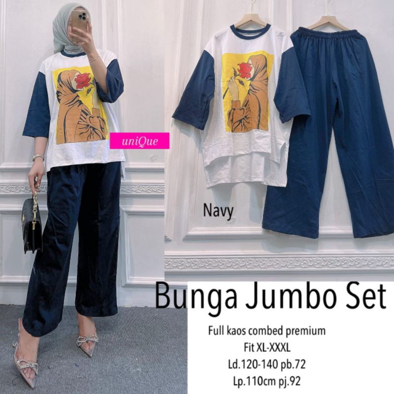 Bunga Jumbo Set | Setelan Wanita Full Kaos Combed Jumbo Melar LD 120-140