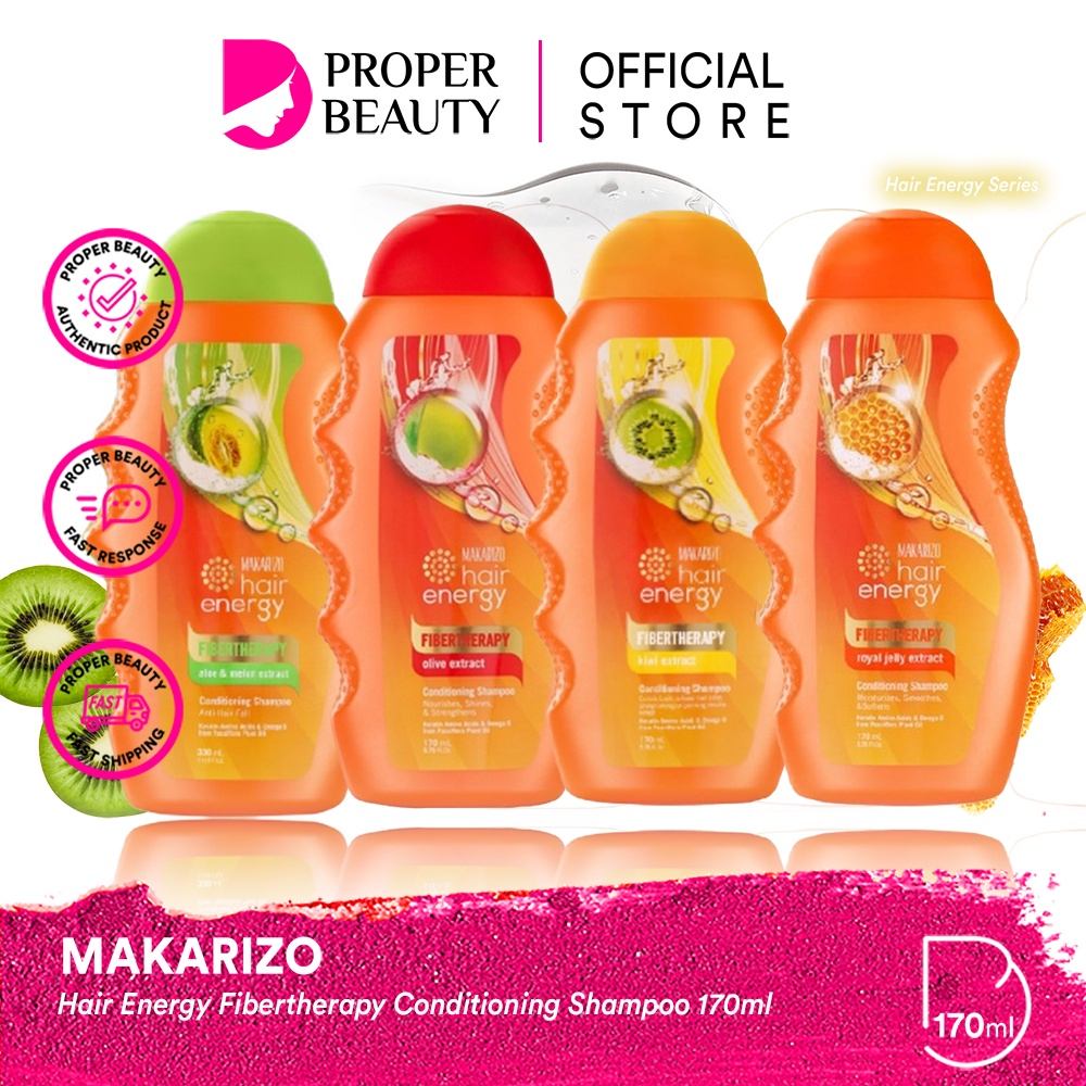 MAKARIZO Hair Energy Fibertherapy Conditioning Shampoo 170ml Indonesia / Aloe &amp; Melon Kiwi Royal Jelly Olive Ginseng Extract / Perawatan Treatment Rambut Shampo Sampo Conditioner Kondisioner Pelurus / Creambath Masker Vitamin / Skincare Care Paket 330ml