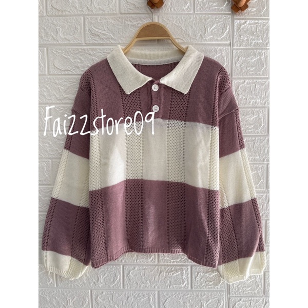 NAOMI SWEATER RAJUT MOTIF JARING CROP TOP STRIP BAHAN TEBAL PREMIUM KNIT STORE09 MURAH