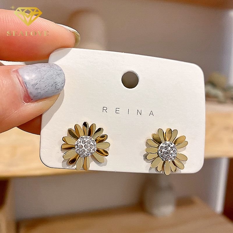 SEALOVE 18K Emas Daisy Stud Earrings Wanita Titanium Anting-Anting Anti Karat Korea Hadiah Fashion Perhiasan