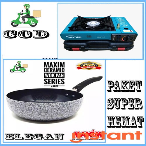 PAKET 2PCS MAXIM NEOSTONE DEEP WOK 24 CM+KOMPOR PORTABLE COCOK BUAT CAMPANG MANTAP