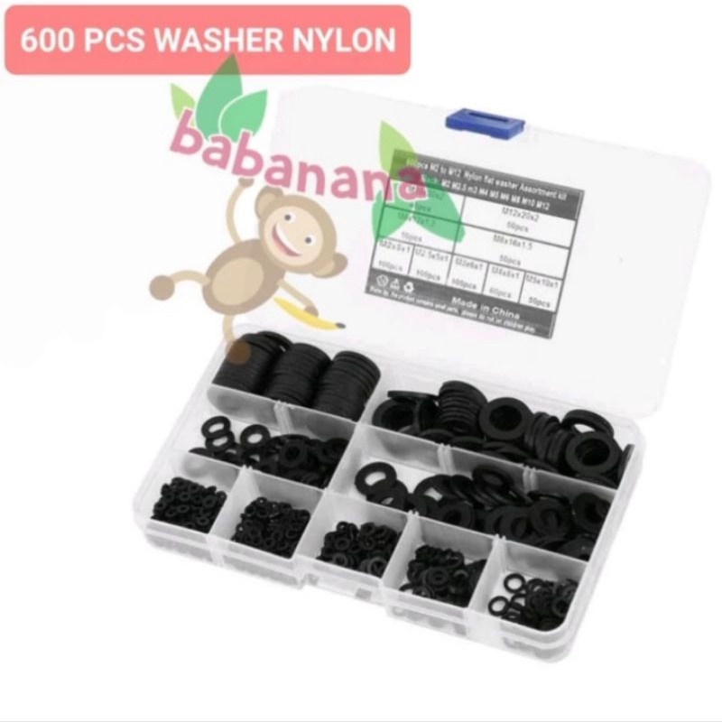 600pcs washer nylon plastic ring black gasket kit set serbaguna