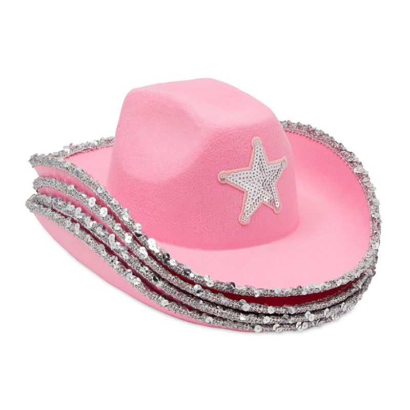 Topi Cowgirl Warna Pink Aksen Sequin Untuk Pesta Halloween